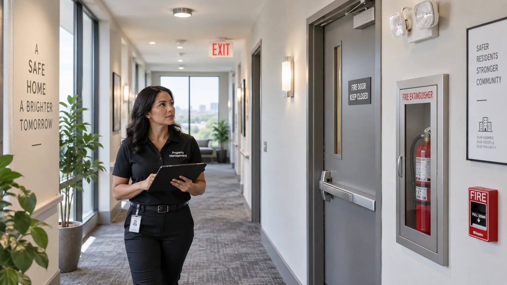 Property manager conducting a fire-safety walk-through in a clean apartment corridor with exit signage, a closed fire door and fire-protection equipment