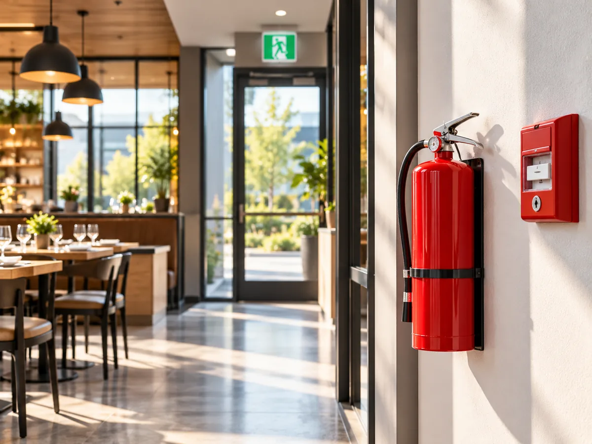 Fire extinguisher and alarm pull station beside a restaurant entrance