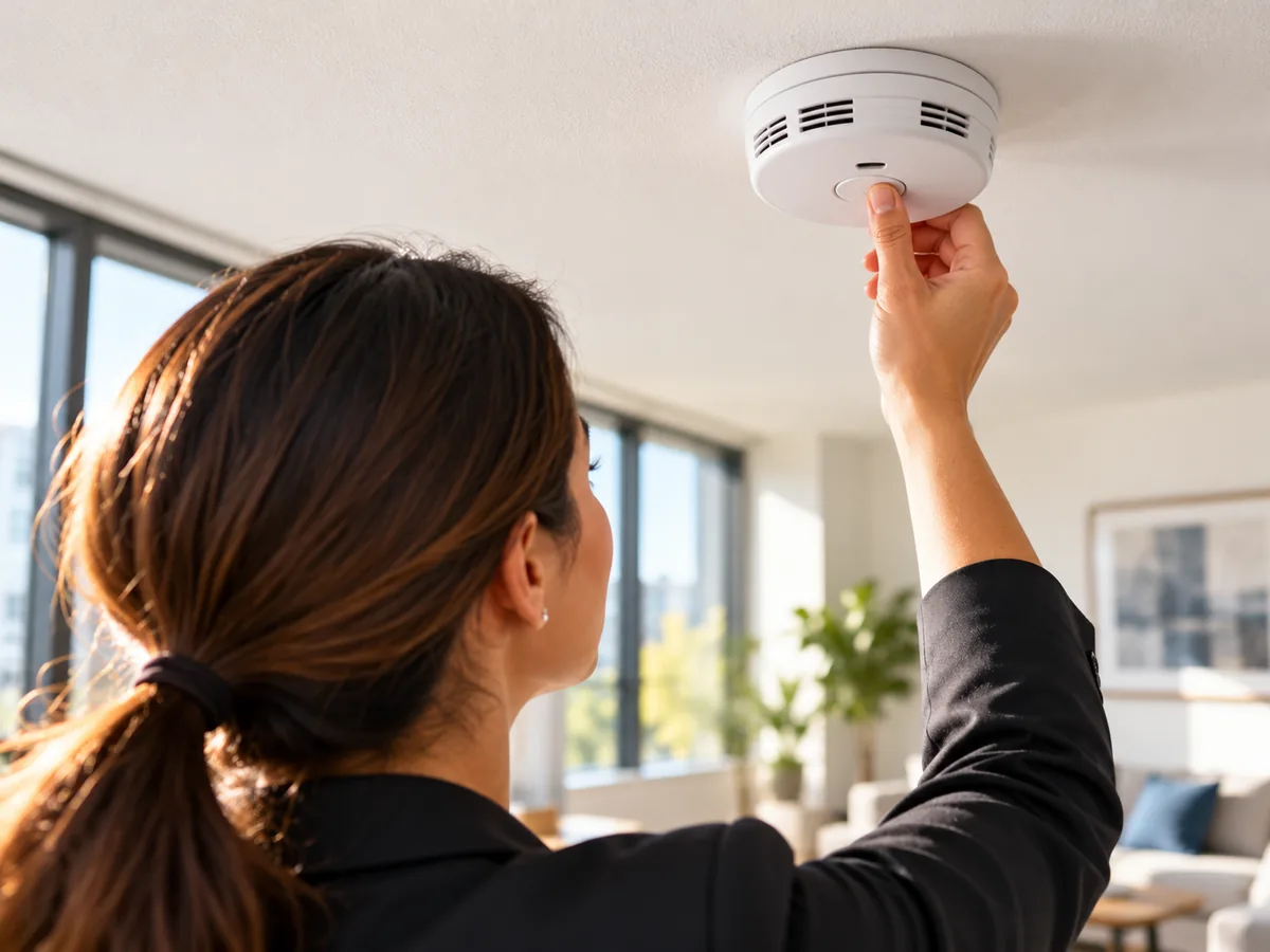 Property manager testing a ceiling smoke alarm inside a rental apartment