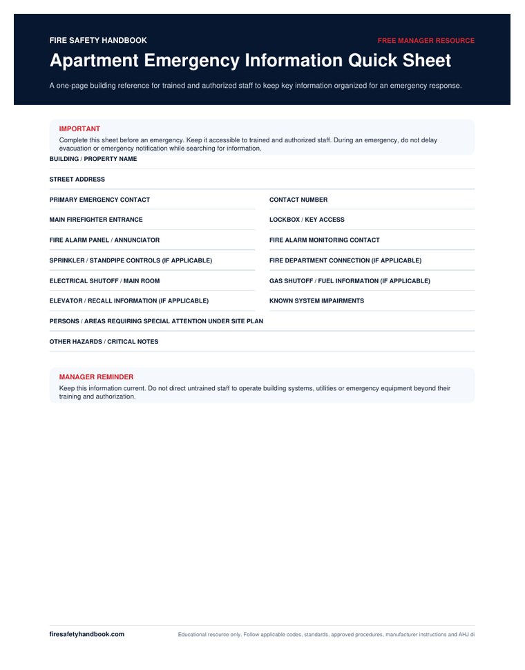 Apartment emergency information quick sheet preview
