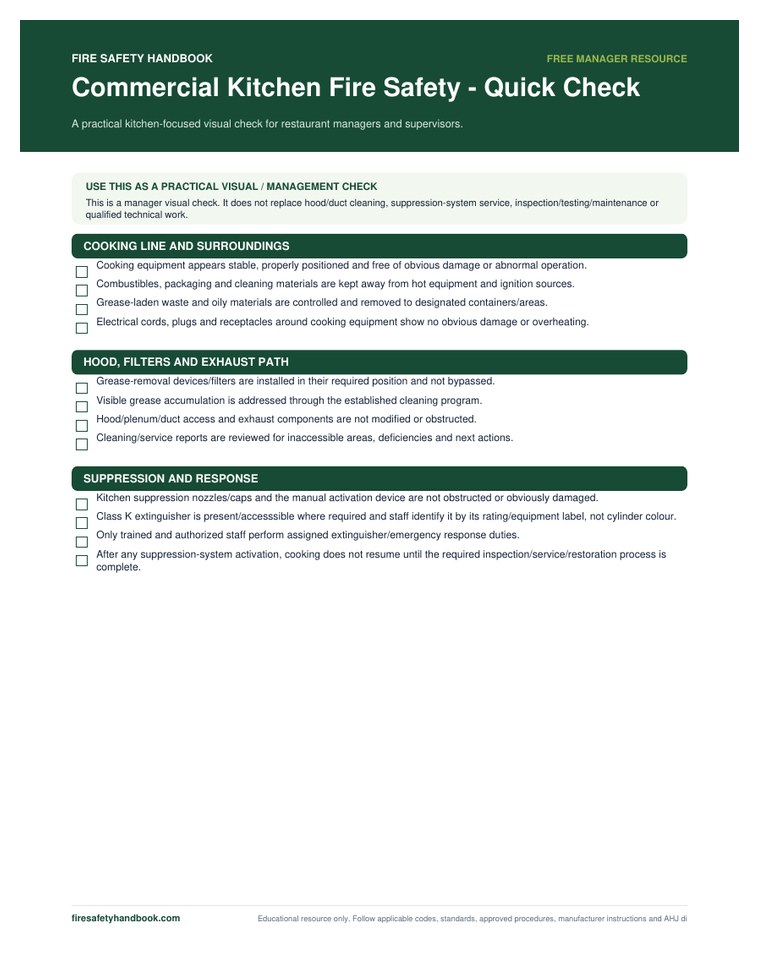 Commercial kitchen fire safety quick check preview