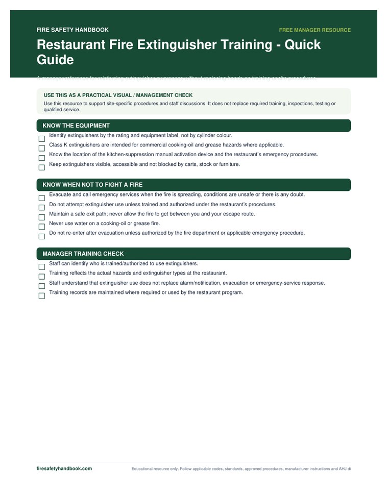 Restaurant fire extinguisher training quick guide preview