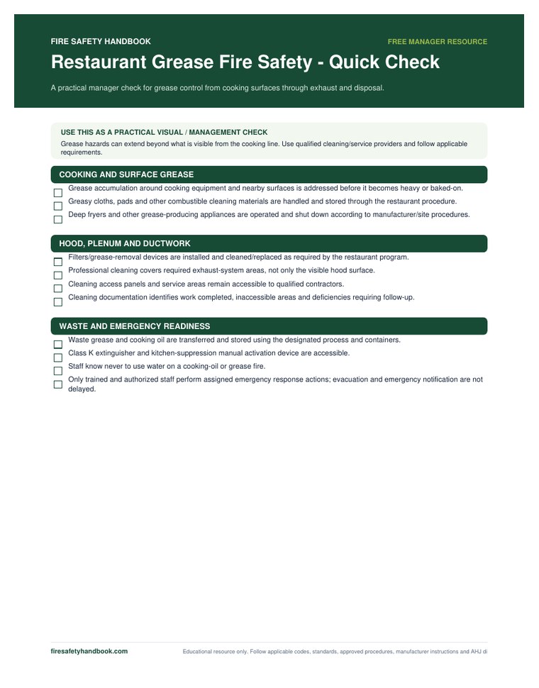 Restaurant grease fire safety quick check preview