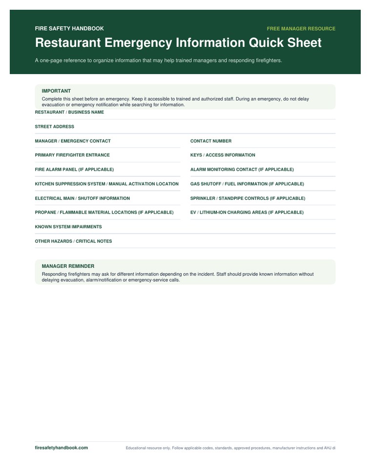 Restaurant emergency information quick sheet preview