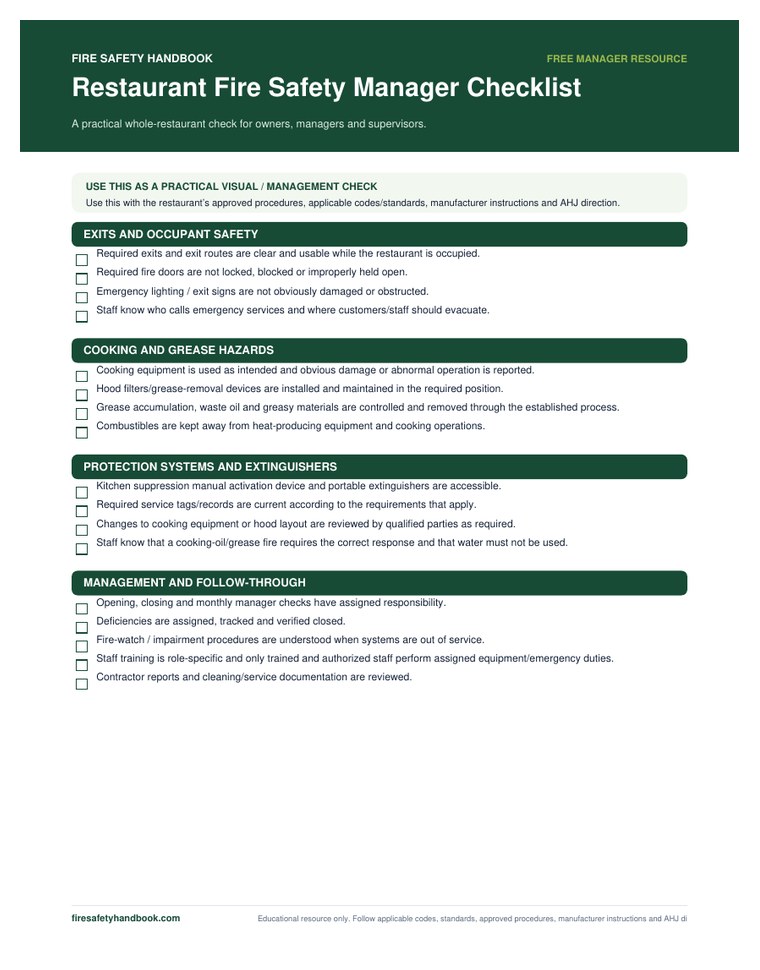Restaurant fire safety manager checklist preview