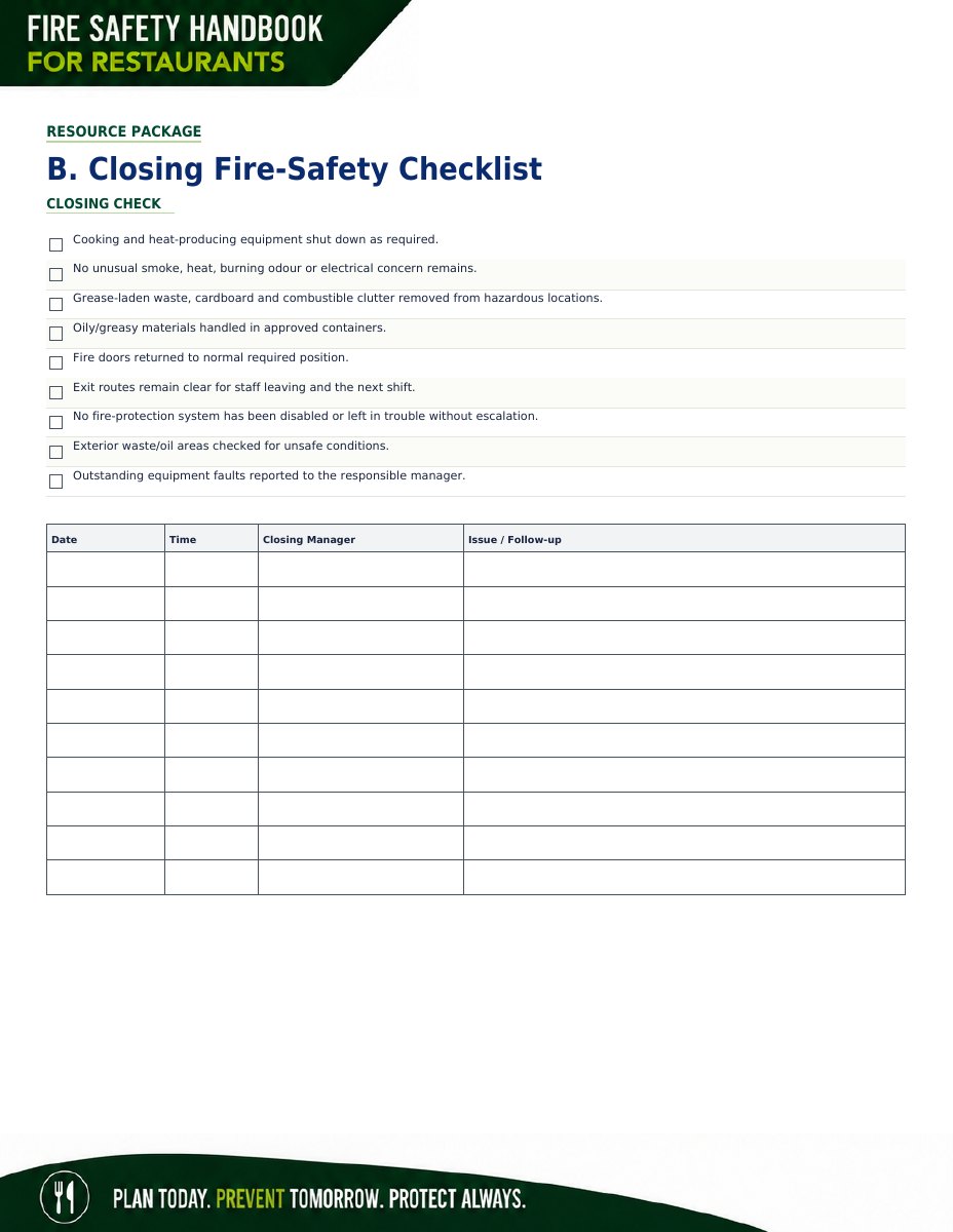 Restaurant closing fire-safety checklist preview
