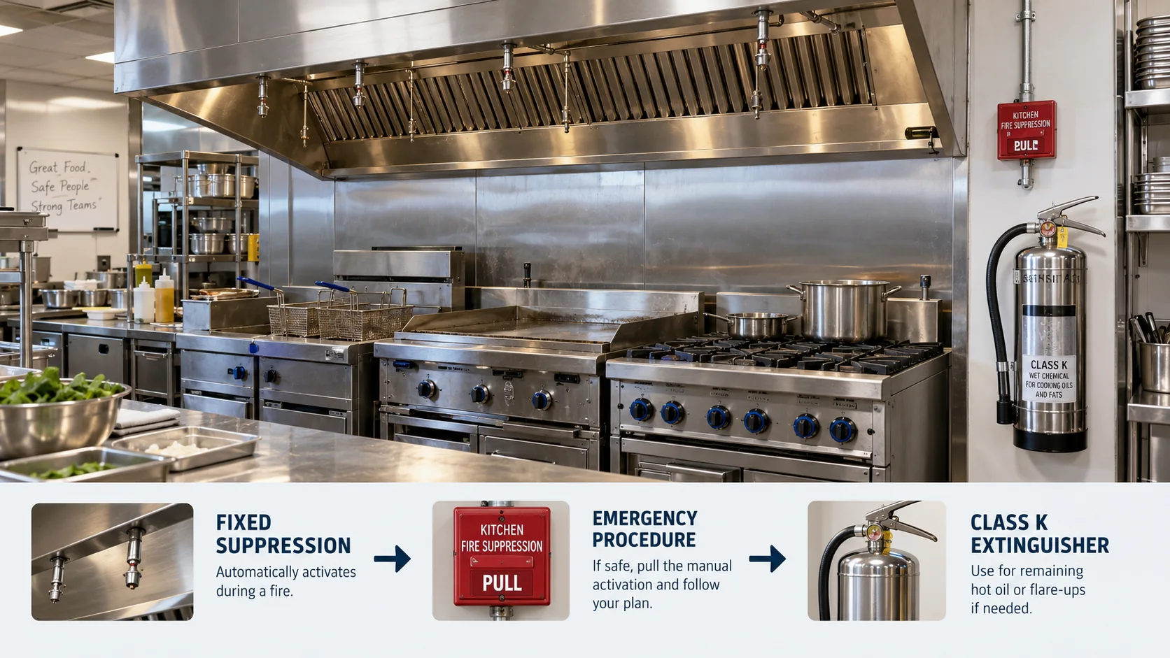 Commercial restaurant cookline with fixed hood suppression equipment, a manual suppression pull station and a silver Class K fire extinguisher